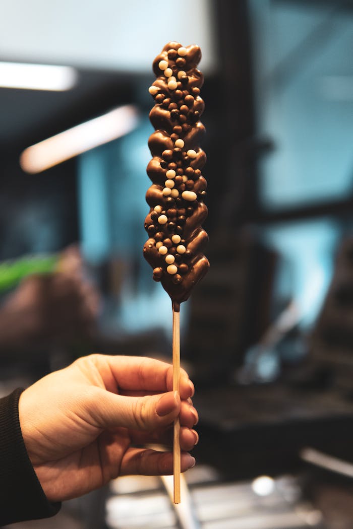 A close-up of a chocolate skewer with white pearls held by hand, set indoors.
